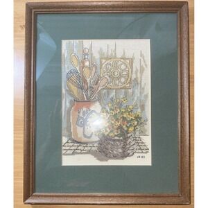 Vintage 1960's Petit Point Boho Still Life Crock Flowers Basket